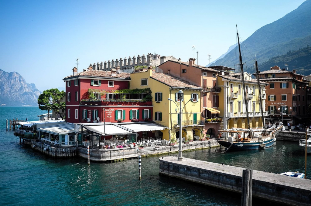 Picturesque Garda town with lakeside walkway, Lake Garda