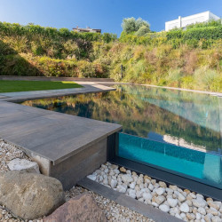 Pool area at Villa Belvedere with loungers and lake view