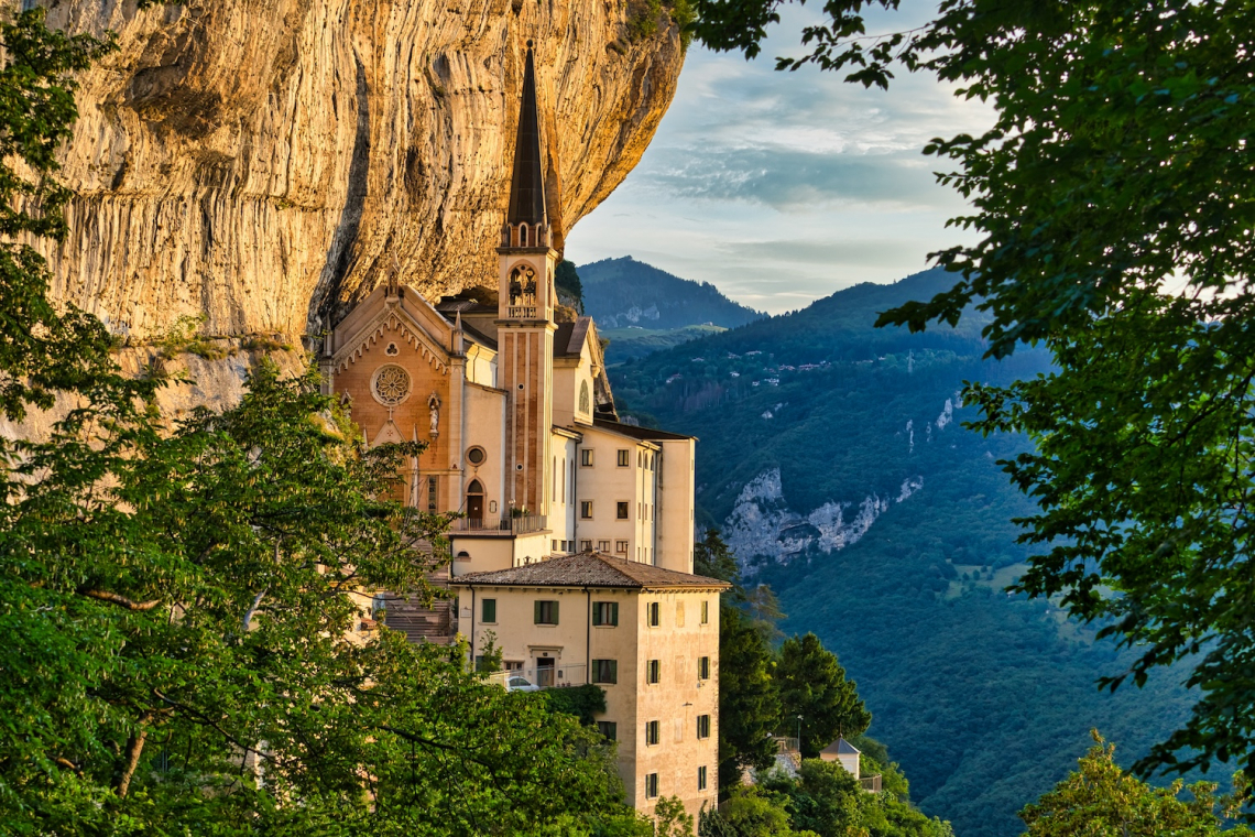 Santuario Madonna della Corona built into the cliffs above Lake Garda