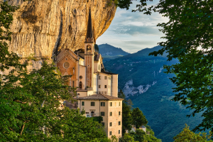 Santuario Madonna della Corona built into the cliffs above Lake Garda